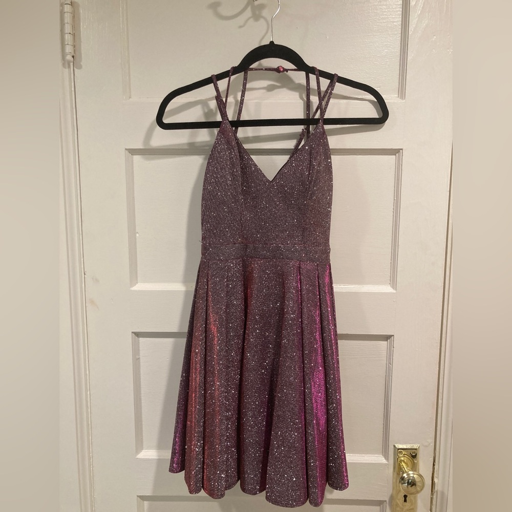 Double-Strap Metallic Pink Semi-formal mini dress, Size 1